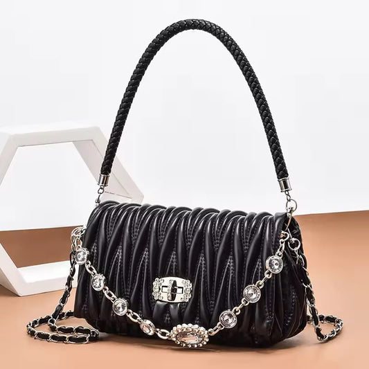 Premium quilted women's shoulder bag with braided top handle, crystal chain detailing, detachable shoulder strap, available in pearl white, ivory beige, and classic black.