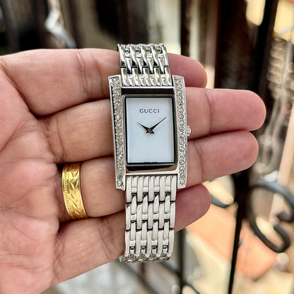 Elegant Silver Crystal Rectangle Watch for Women T