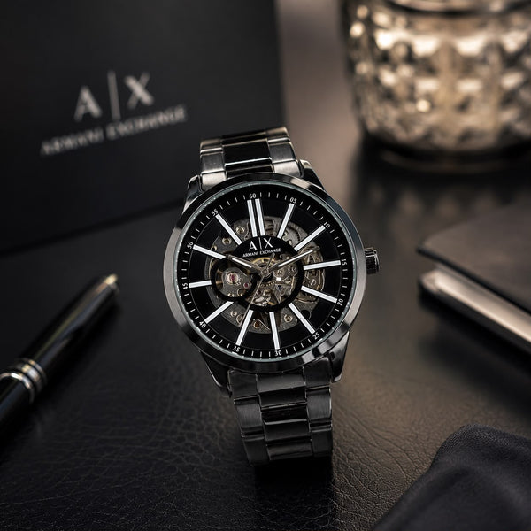 Elegant Automatic Skeleton Watch for Men – Black Stainless Steel T - The NPY Store