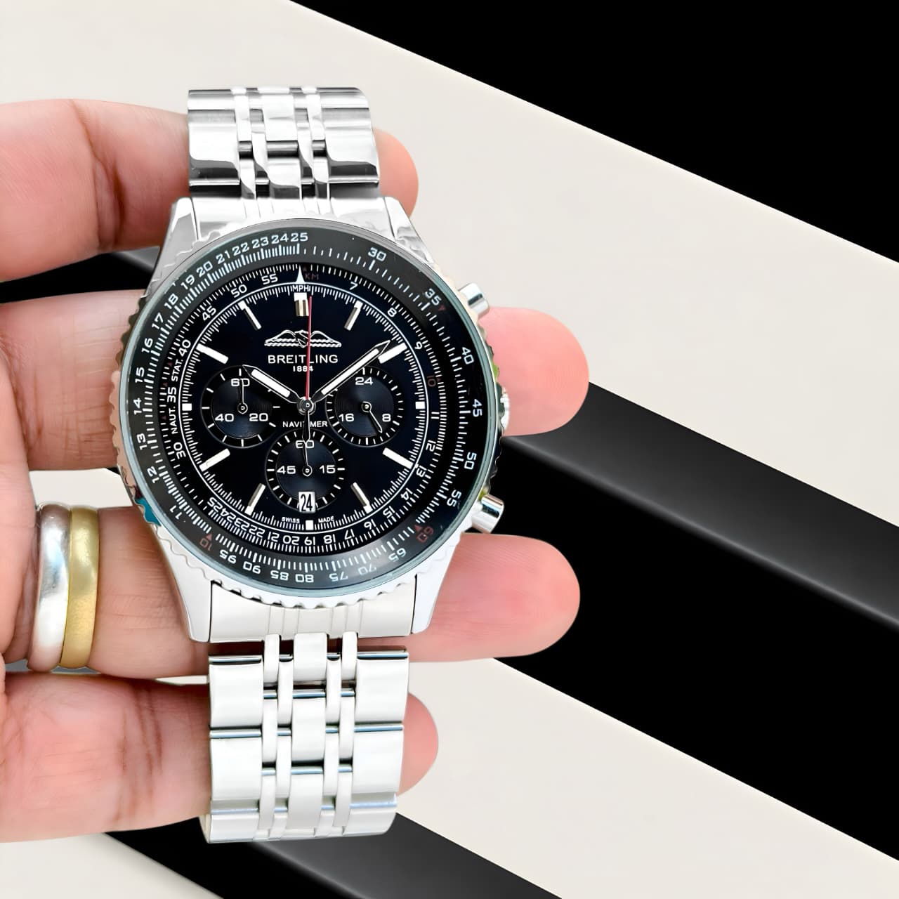 Men’s Black Aviation Chronograph Watch with Silver Metal Strap T