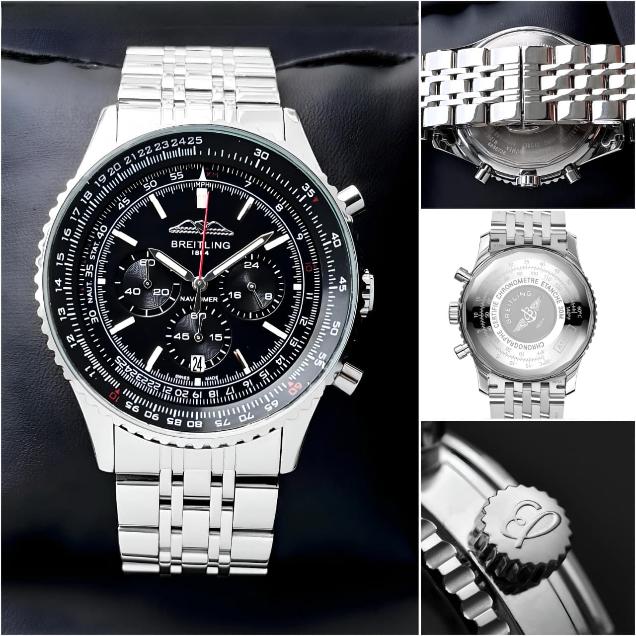 Men’s Black Aviation Chronograph Watch with Silver Metal Strap T