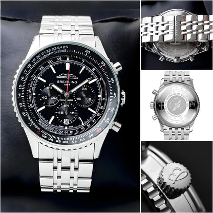 Men’s Black Aviation Chronograph Watch with Silver Metal Strap T