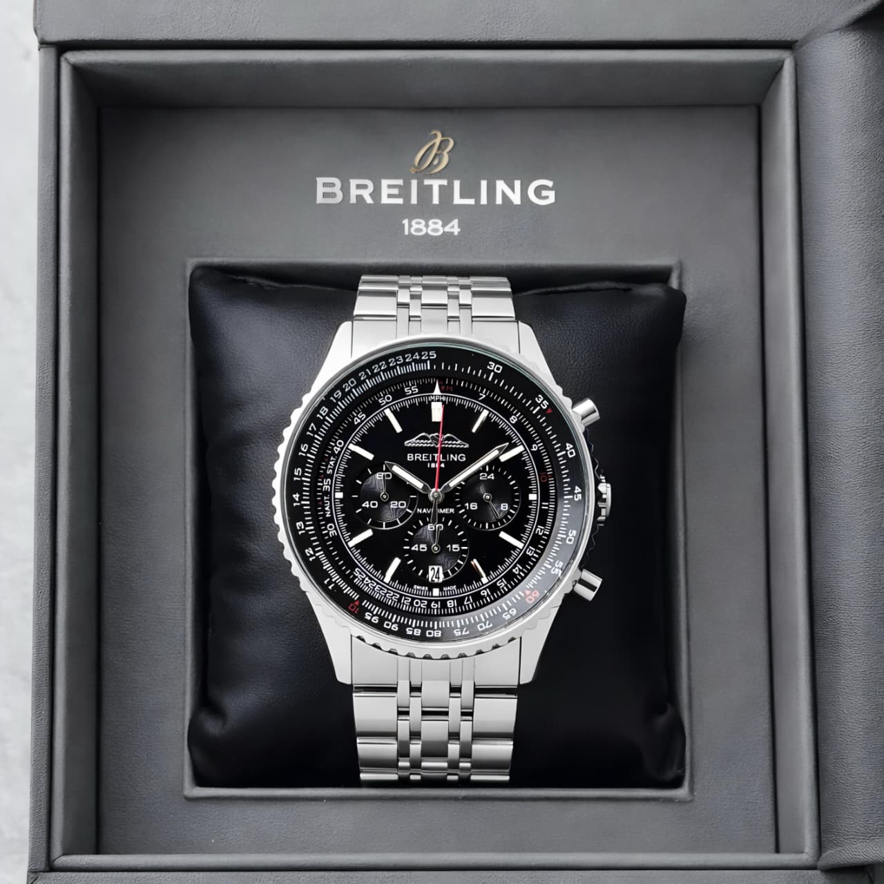 Men’s Black Aviation Chronograph Watch with Silver Metal Strap T