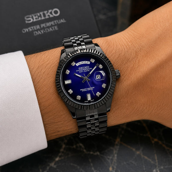 Men’s Deep Blue Dial Black Day-Date Stainless Steel Watch B