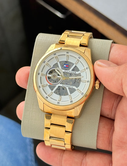 Gold Automatic Men's Watch with Skeleton Dial & Steel Bracelet T