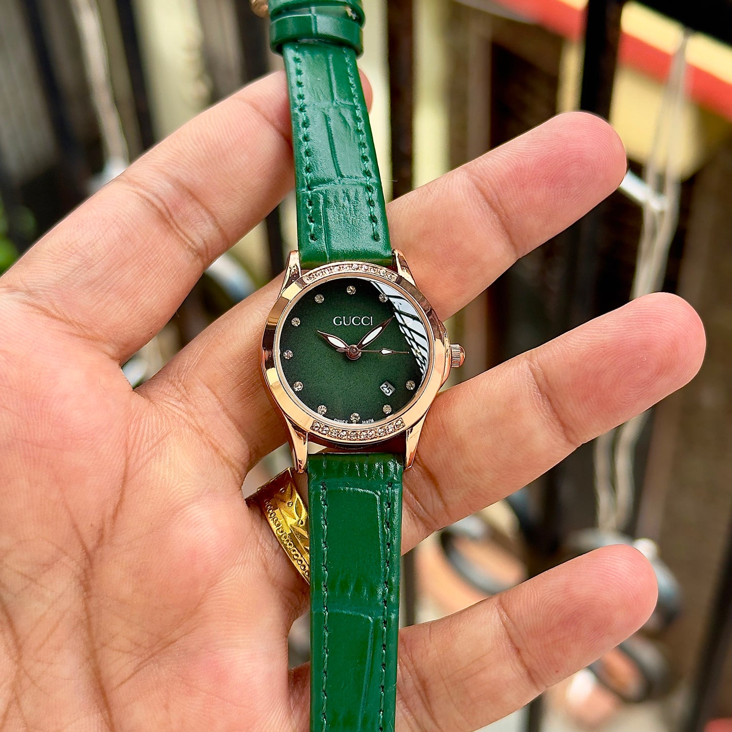 Women’s Green Dial Rose Gold Crystal Leather Strap Watch T