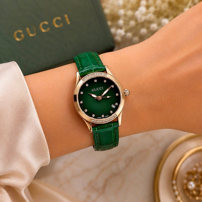 Women’s Green Dial Rose Gold Crystal Leather Strap Watch T