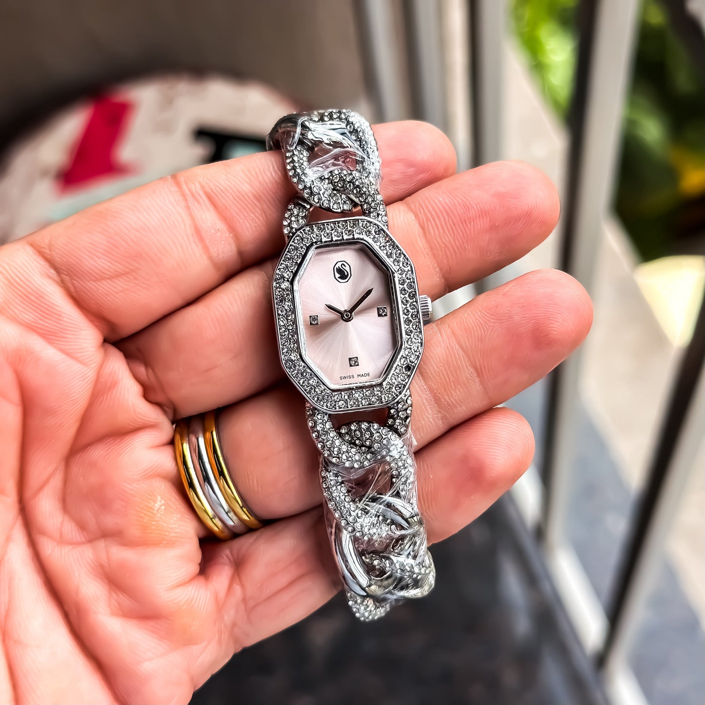 Women’s Silver Crystal Bracelet Watch with Pink Dial & Studded Bezel T