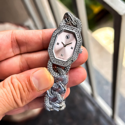 Women’s Silver Crystal Bracelet Watch with Pink Dial & Studded Bezel T