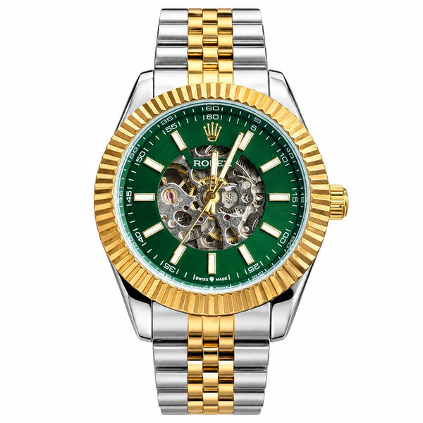 Men’s Green Skeleton Automatic Watch with Two-Tone Metal Bracelet T