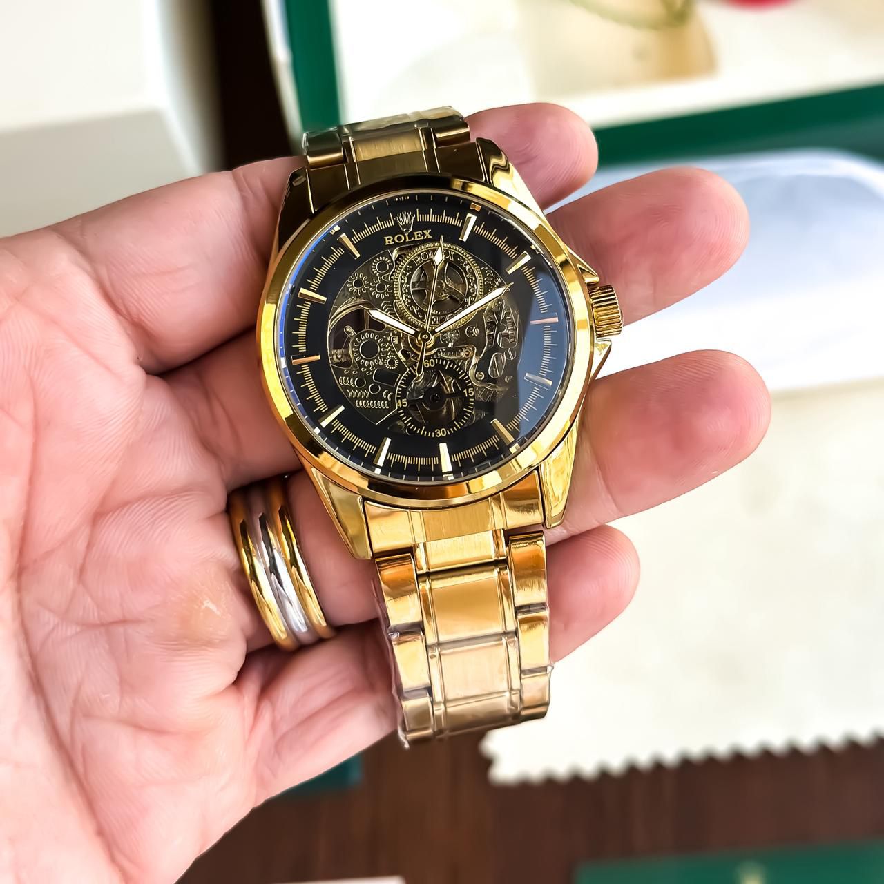 Rolex Automatic Gold Watch with Black Skeleton Dial for Men T