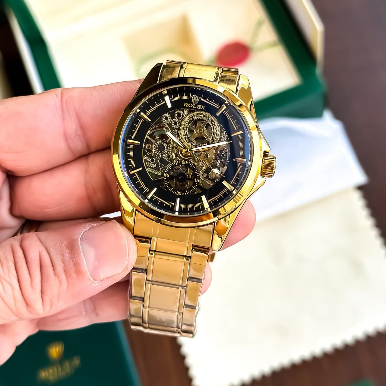 Rolex Automatic Gold Watch with Black Skeleton Dial for Men T