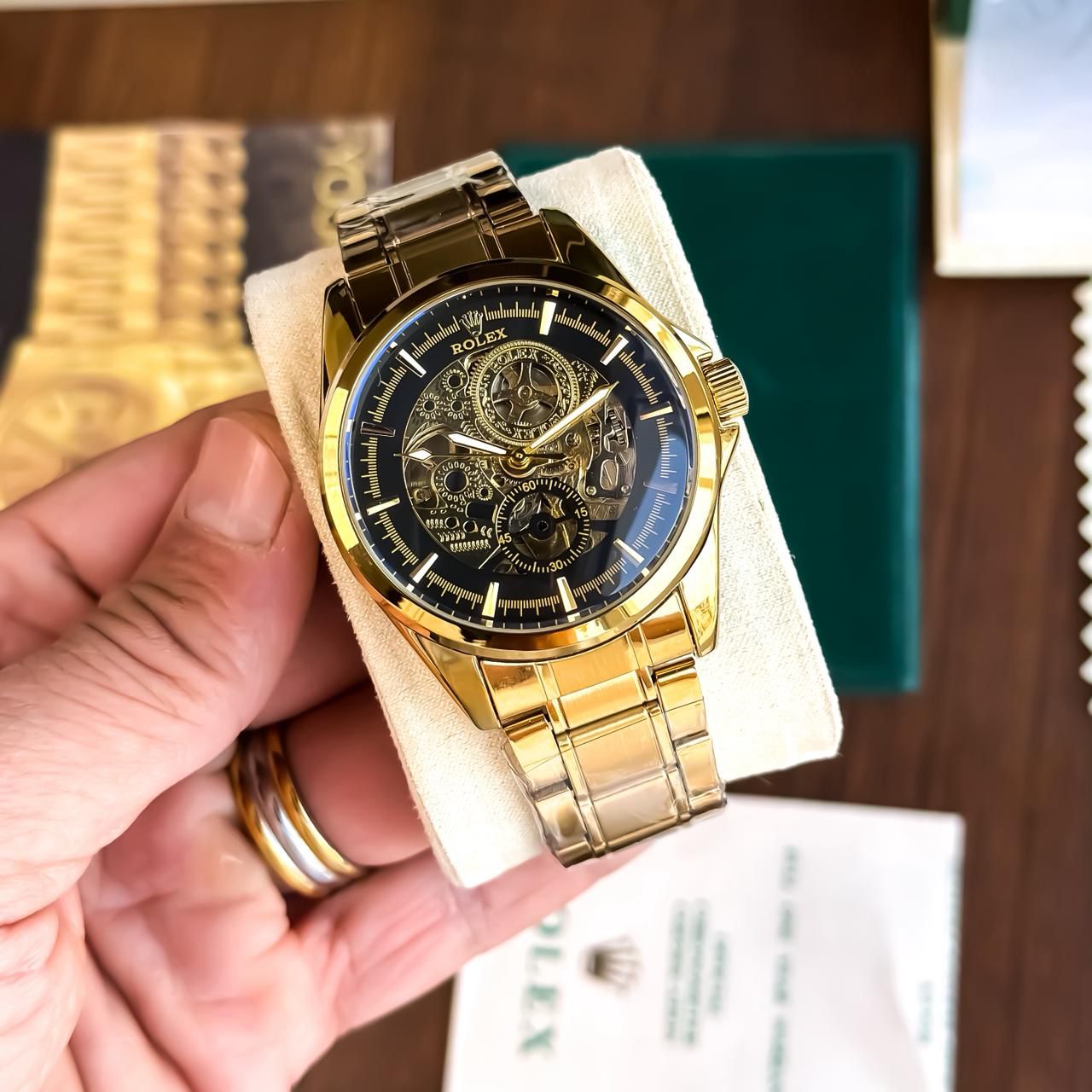 Rolex Automatic Gold Watch with Black Skeleton Dial for Men T