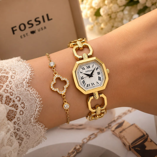 Women’s Gold Tone Octagonal Watch with Roman Numeral Dial B