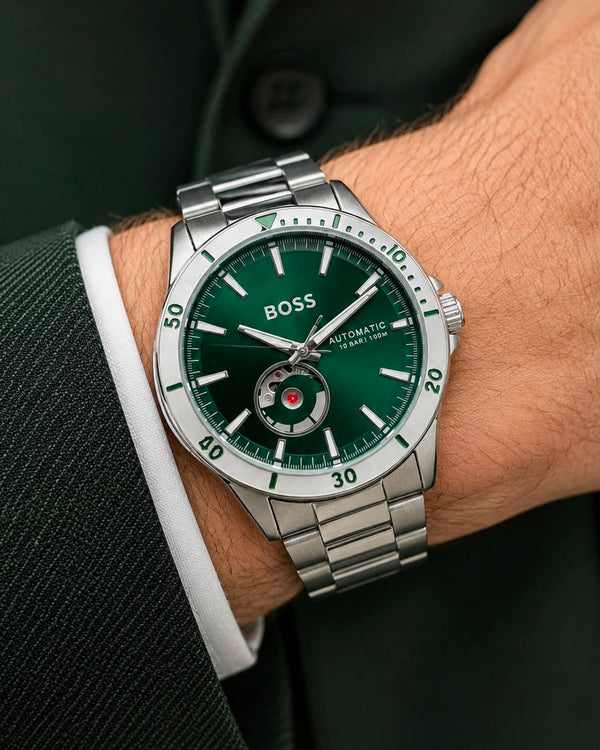 BOSS Automatic Green Dial Open Heart Silver Watch for Men T