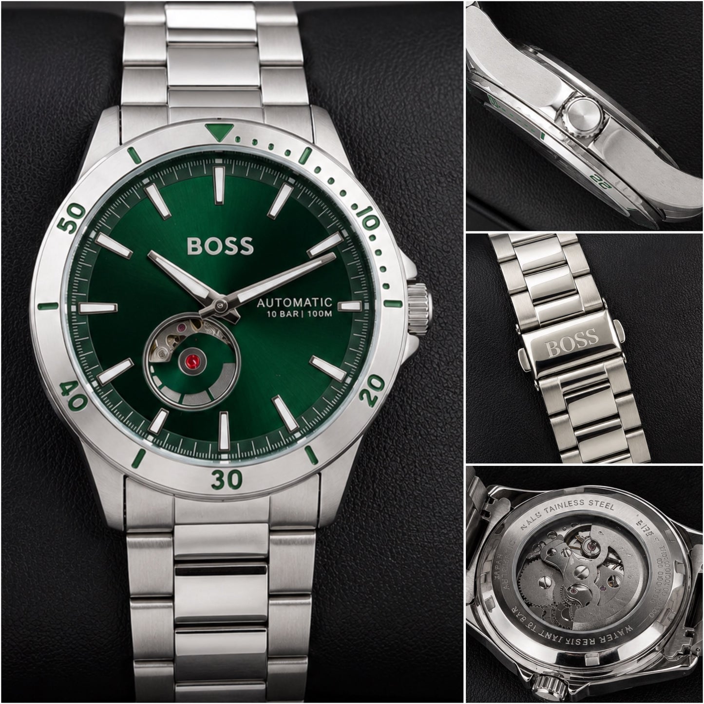 BOSS Automatic Green Dial Open Heart Silver Watch for Men T