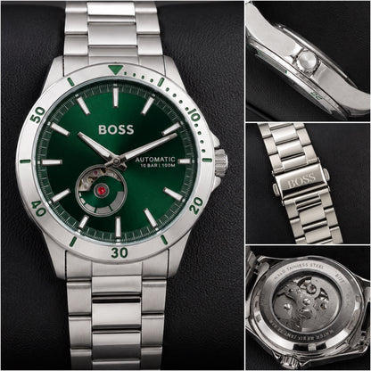 BOSS Automatic Green Dial Open Heart Silver Watch for Men T
