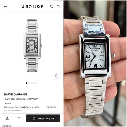 Emporio Armani Women’s Rectangular Silver Stainless Steel Watch – 24mm T