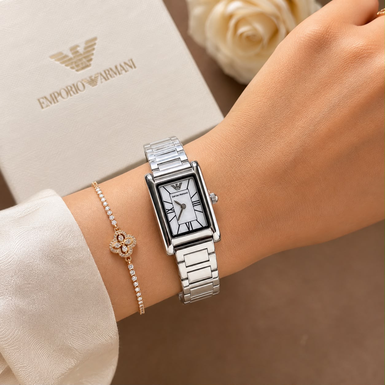 Emporio Armani Women’s Rectangular Silver Stainless Steel Watch – 24mm T