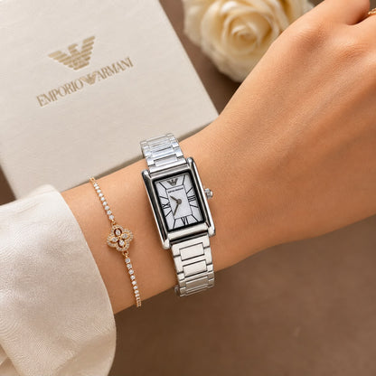 Emporio Armani Women’s Rectangular Silver Stainless Steel Watch – 24mm T