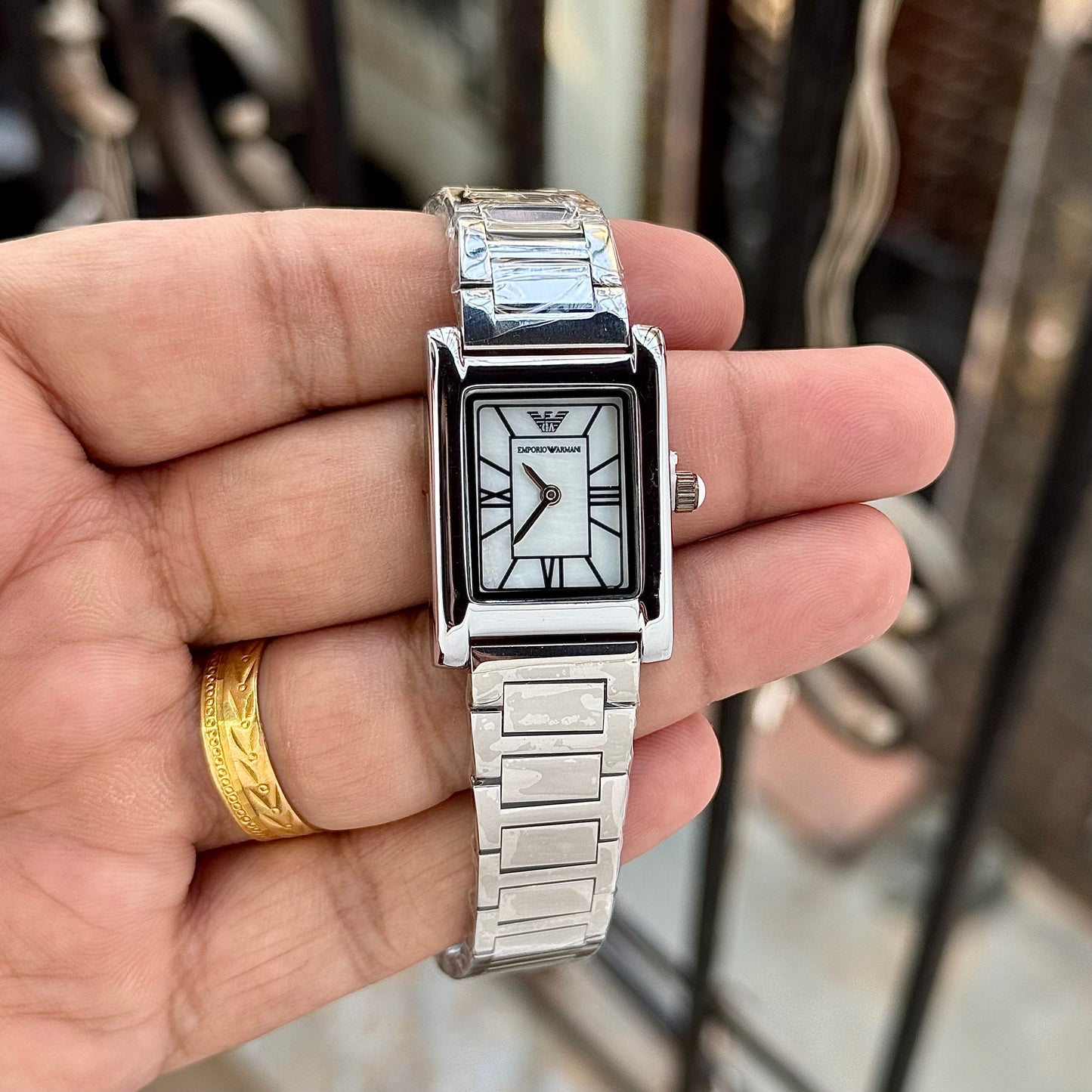 Emporio Armani Women’s Rectangular Silver Stainless Steel Watch – 24mm T