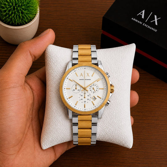 Men's chronograph watch, white dial with gold accents and steel bracelet