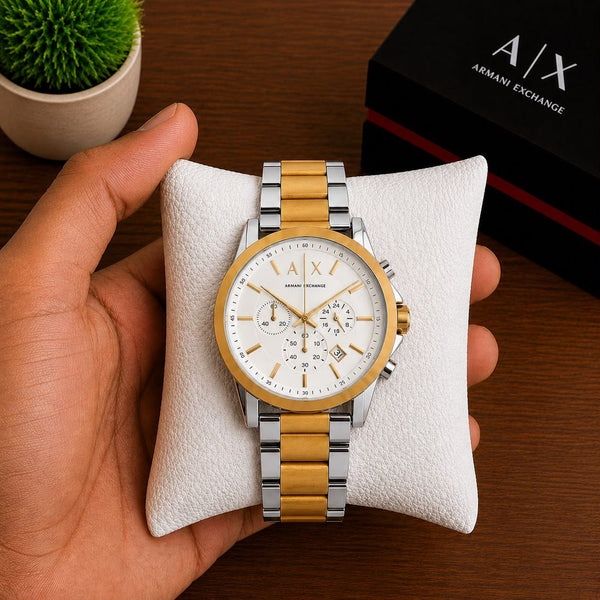 Men's chronograph watch, white dial with gold accents and steel bracelet