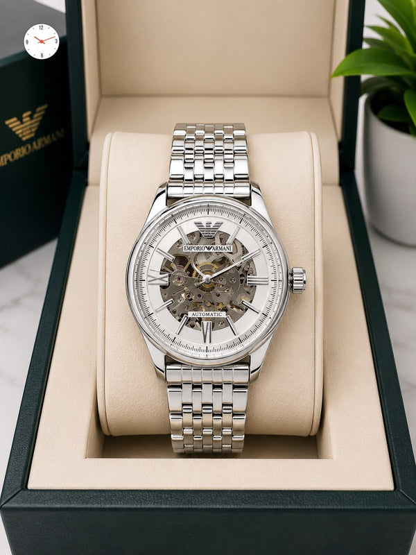 men's automatic watch with white dial and stainless bracelet