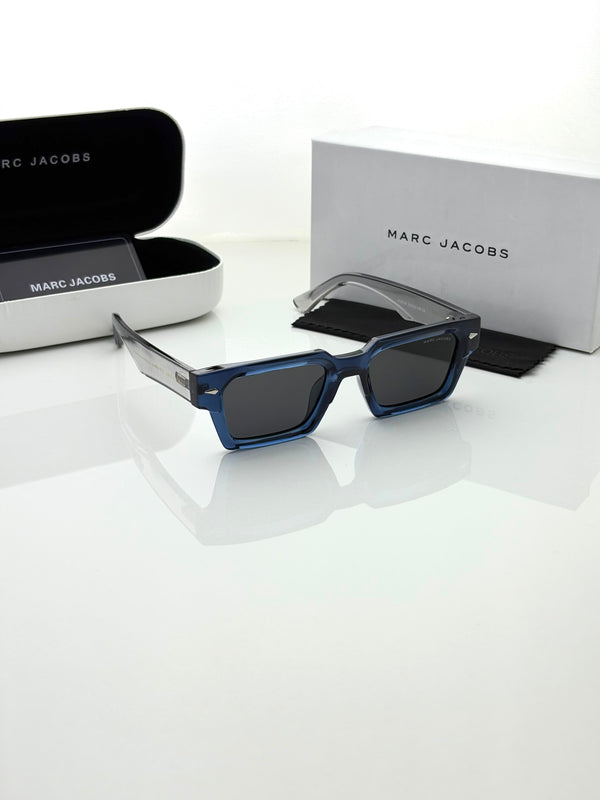 Blue square sunglasses with dark lenses and black case with cleaning cloth