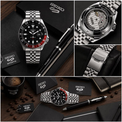Seiko 5 Sports GMT Black Dial Stainless Steel Men's Analog Watch - B