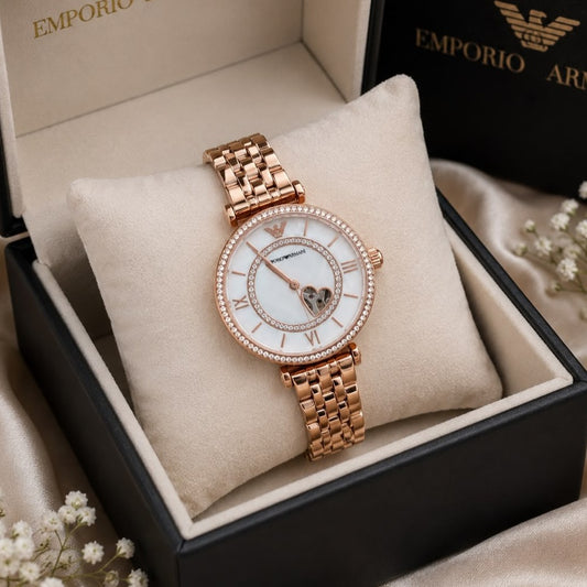Rose gold automatic ladies watch in gift box with crystal bezel and metal bracelet