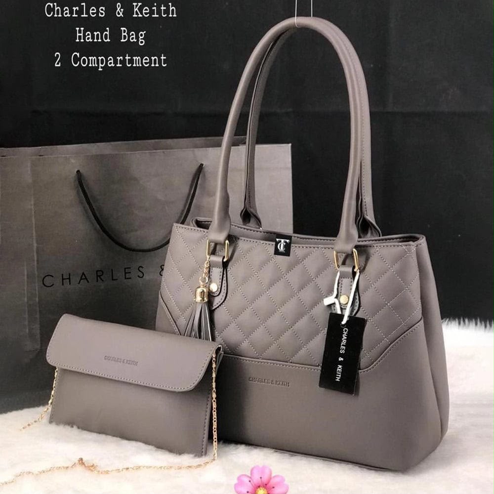 Women's Quilted 2-Piece Tote Handbag Set with Matching Sling Clutch, Double Compartment & Top Handle - B