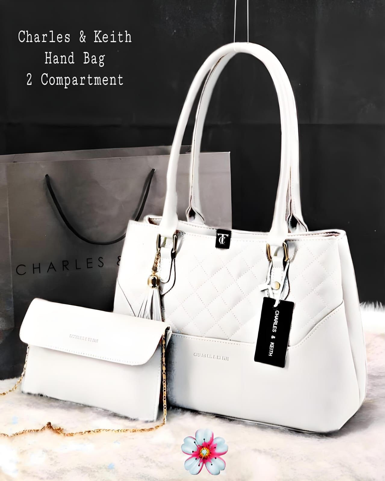 Women's Quilted 2-Piece Tote Handbag Set with Matching Sling Clutch, Double Compartment & Top Handle - B