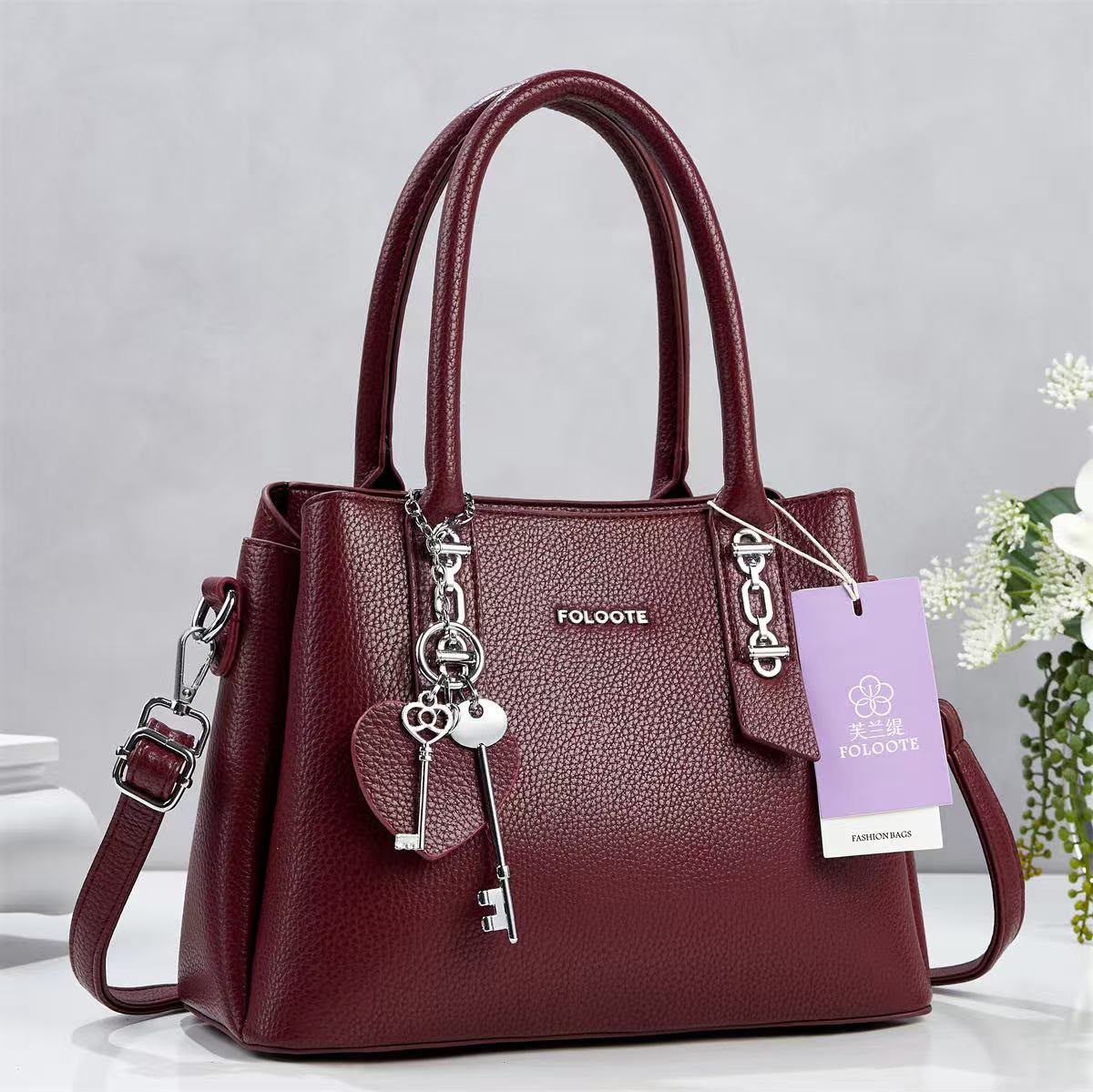 Elegant Textured Top Handle Satchel Handbag with Shoulder Strap - B