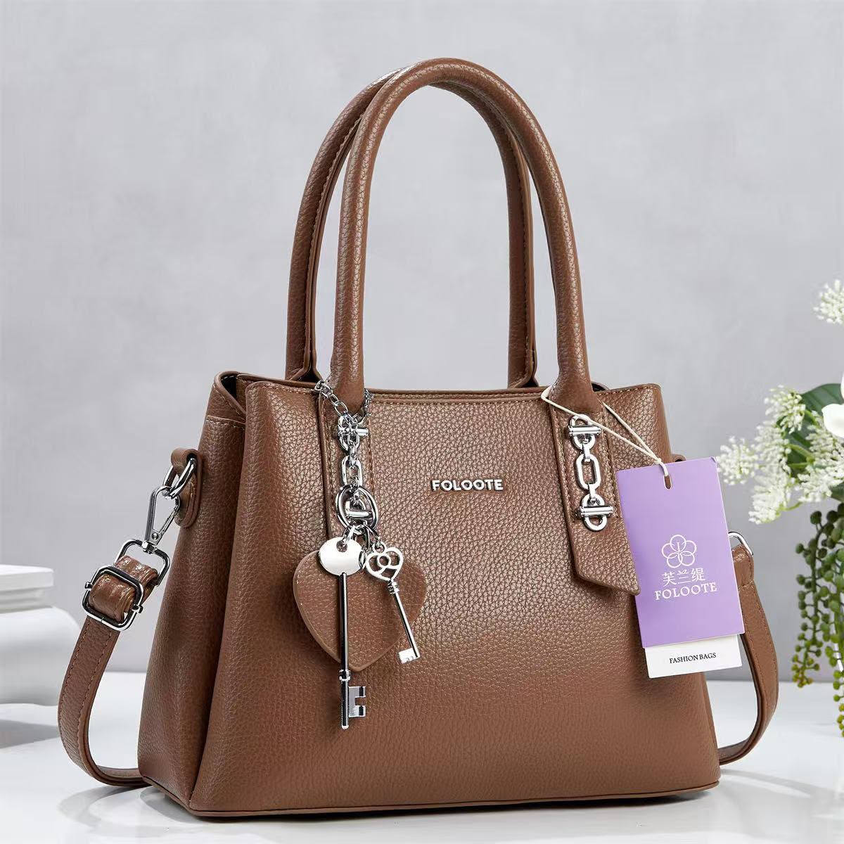 Elegant Textured Top Handle Satchel Handbag with Shoulder Strap - B