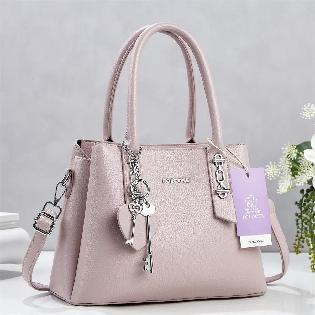 Elegant Textured Top Handle Satchel Handbag with Shoulder Strap - B