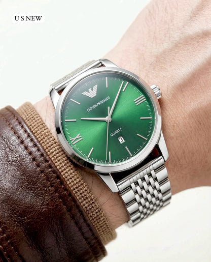 Premium Men's Stainless Steel Analog Quartz Watch with Date Display & Slim Dial - B