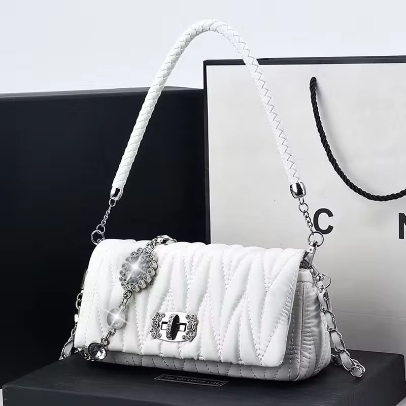 Premium quilted women's shoulder bag with braided top handle, crystal chain detailing, detachable shoulder strap, available in pearl white, ivory beige