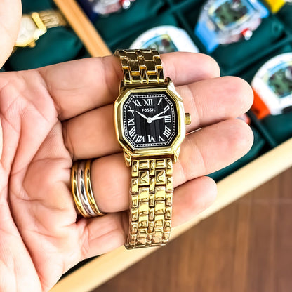 Premium Women's Octagonal Stainless Steel Watch – Black Roman Dial | Gold Bracelet T