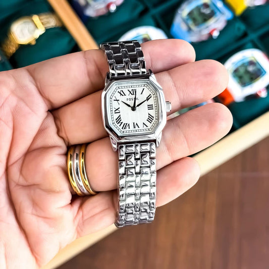 Premium Women's Octagonal Stainless Steel Watch – White Roman Dial | Silver Bracelet T - The NPY Store