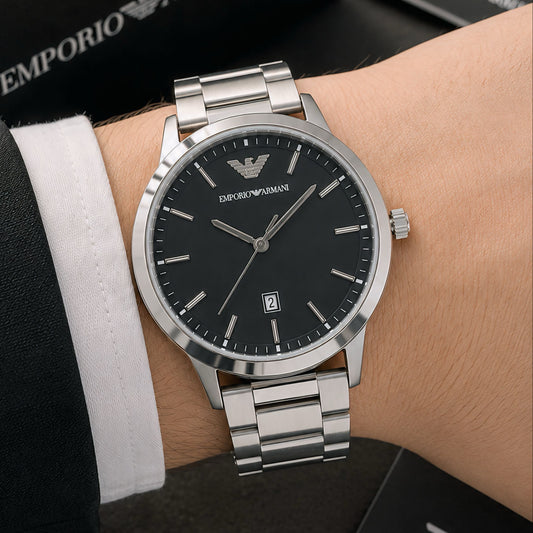 Premium stainless steel men's analog watch with a black dial, silver metal bracelet, date display, and butterfly clasp for a classic everyday look.