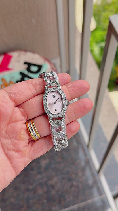 Women’s Silver Crystal Bracelet Watch with Pink Dial & Studded Bezel T