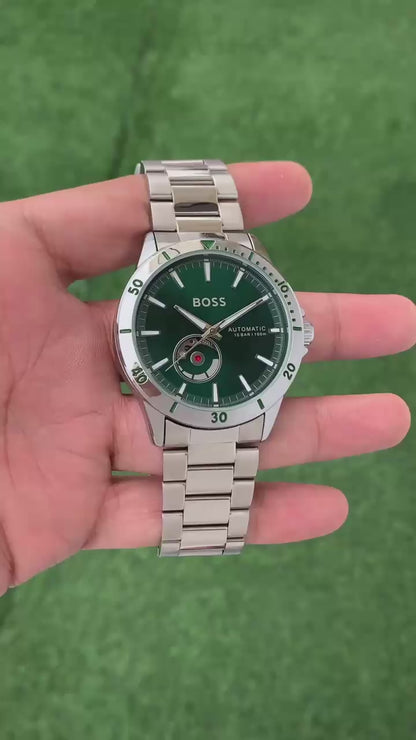 BOSS Automatic Green Dial Open Heart Silver Watch for Men T