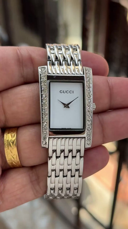 Elegant Silver Crystal Rectangle Watch for Women T