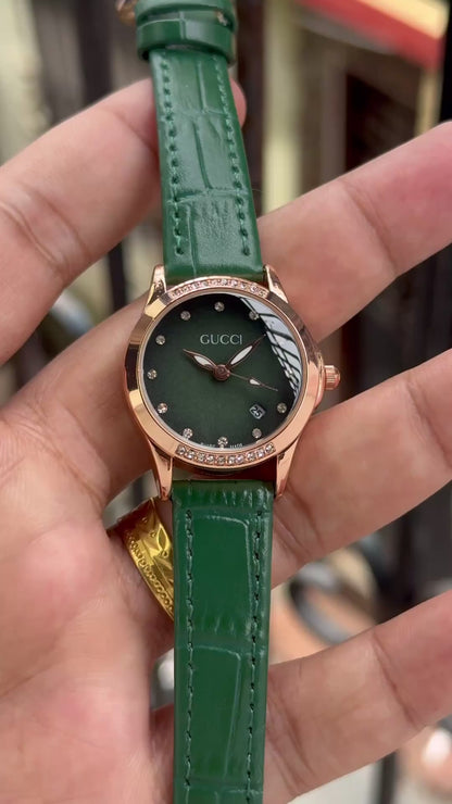 Women’s Green Dial Rose Gold Crystal Leather Strap Watch T