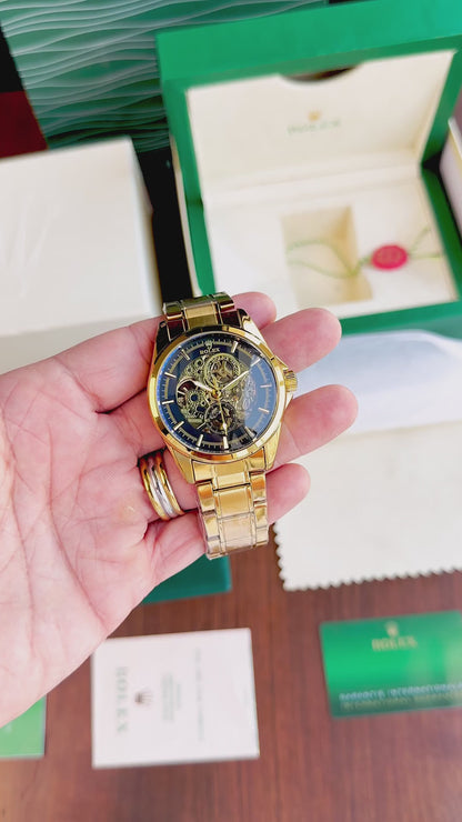 Rolex Automatic Gold Watch with Black Skeleton Dial for Men T