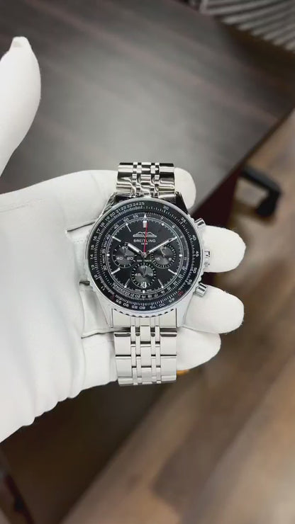 Men’s Black Aviation Chronograph Watch with Silver Metal Strap T
