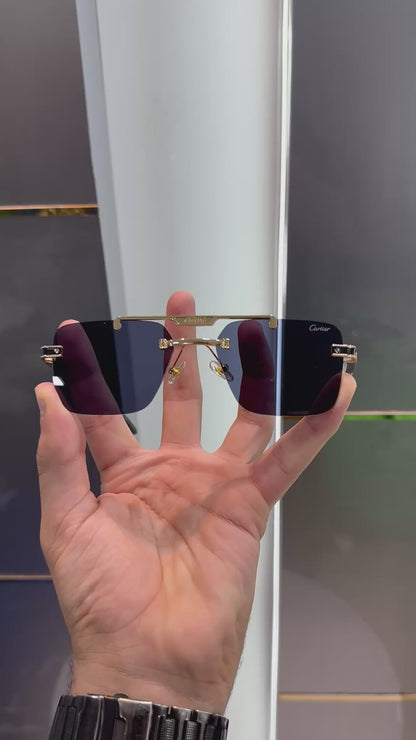 Modern Rimless Blue Lens Sunglasses for Men – Gold Metal Frame T