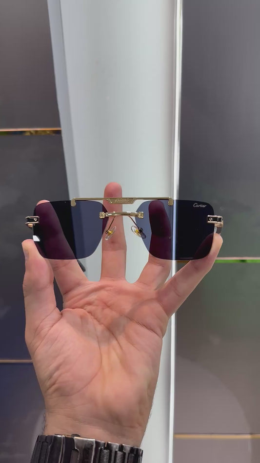 Modern Rimless Blue Lens Sunglasses for Men – Gold Metal Frame T