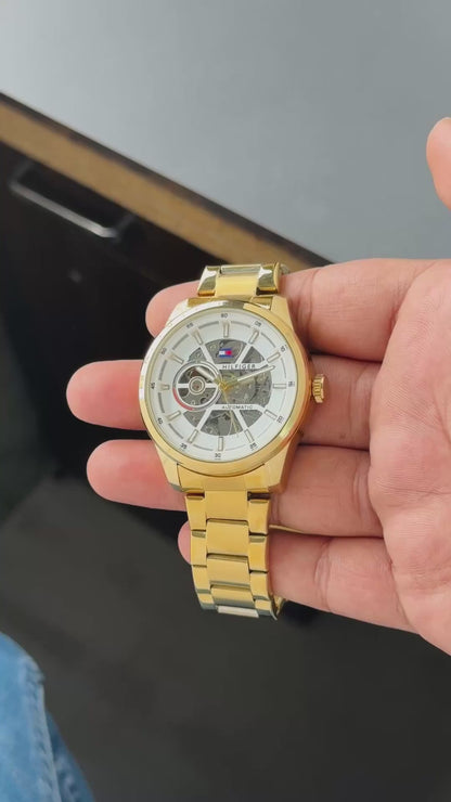 Gold Automatic Men's Watch with Skeleton Dial & Steel Bracelet T
